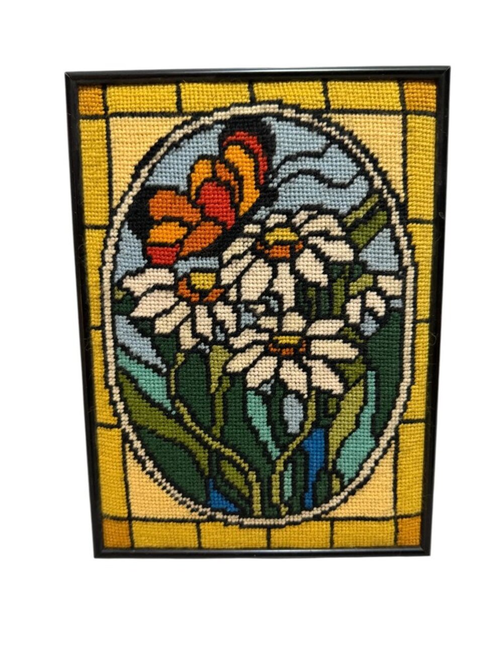 Framed Floral Needlepoint Wall Art Sunset Designs Stained Glass Vintage 70s - Picture 2 of 11